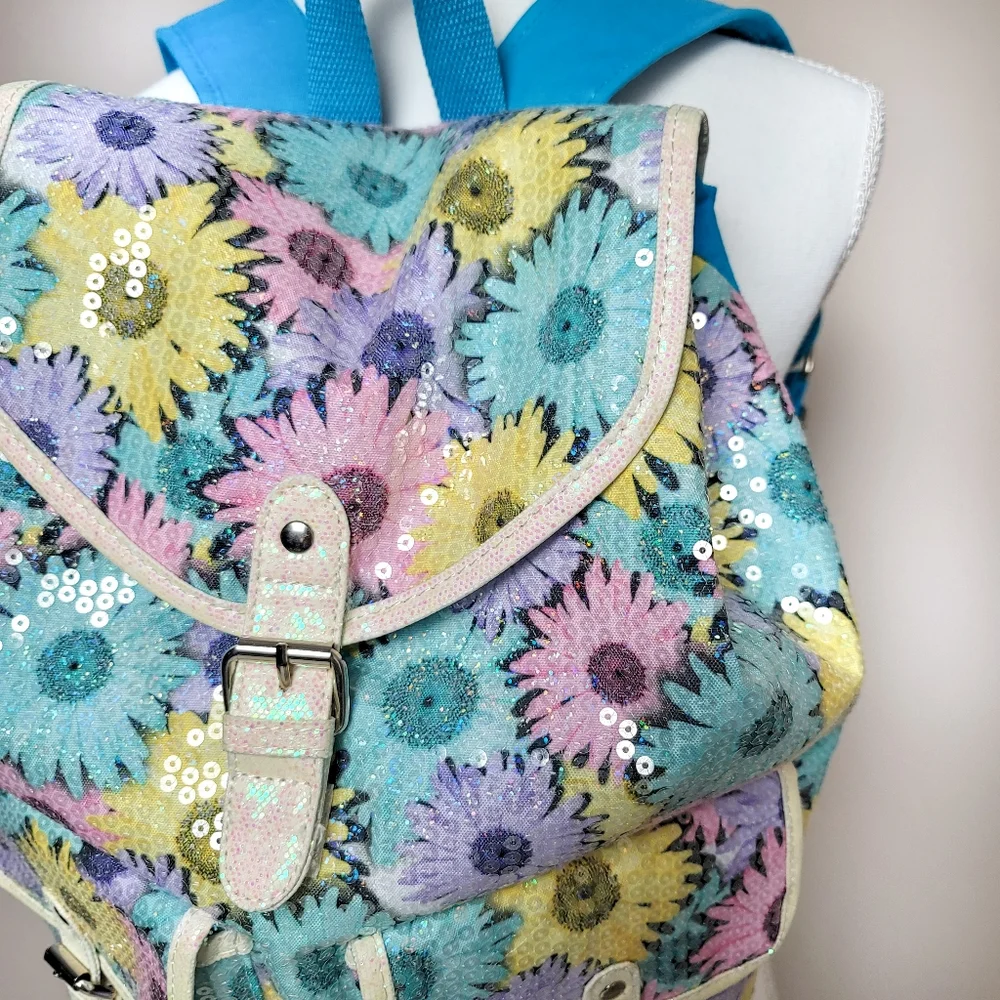 Justice Colorful Daisy Pattern Sequin Backpack -Brand New